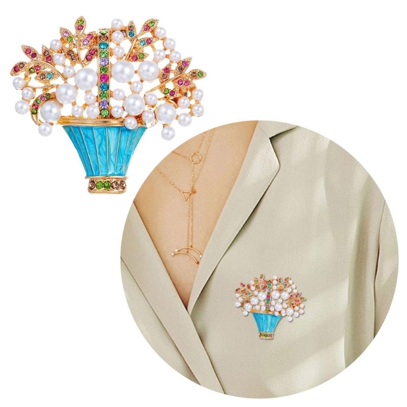 Handgefertigte Perlen Blumenkorb Brosche mit Kristall Verzierungen und Lebendigen Emaille Designs für Sie