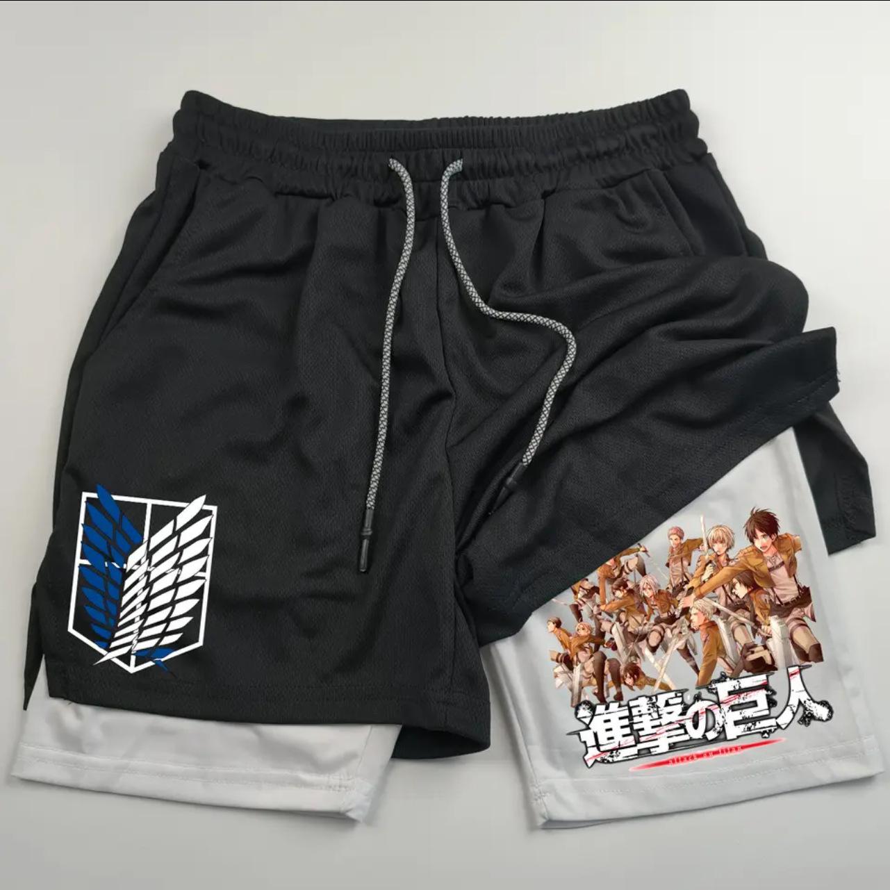 Fancy Style Studio Anime Attack on Titan Print Heren Twee-in-E&eacute;n Dubbellaags Sport Fitness Casual Shorts XL