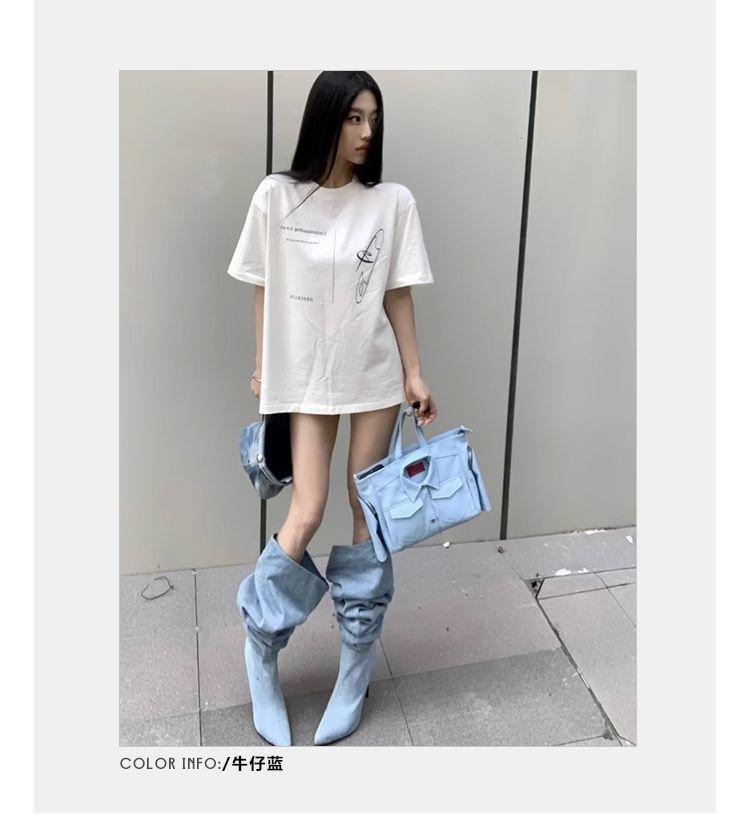 Wide Tube Big Tube Circumference Denim Stacking Boots Women's Summer 2025 New Pointed High Heel Boots Thin Heel High Boots