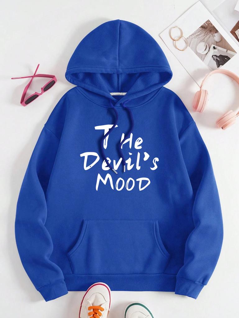The Devil'S Mood Art Letter Print Women Hoody Vintage Pocket Hoodie Loose Y2K Fleece Clothing Soft Multicolor Streetwear