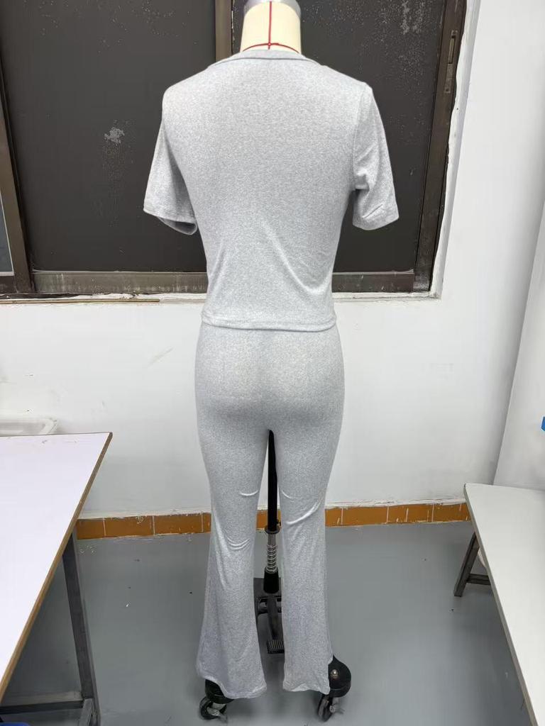 2025 European & American Women's Spring/Summer Solid Color Round Neck Set - Short Sleeve Top & Long Pants