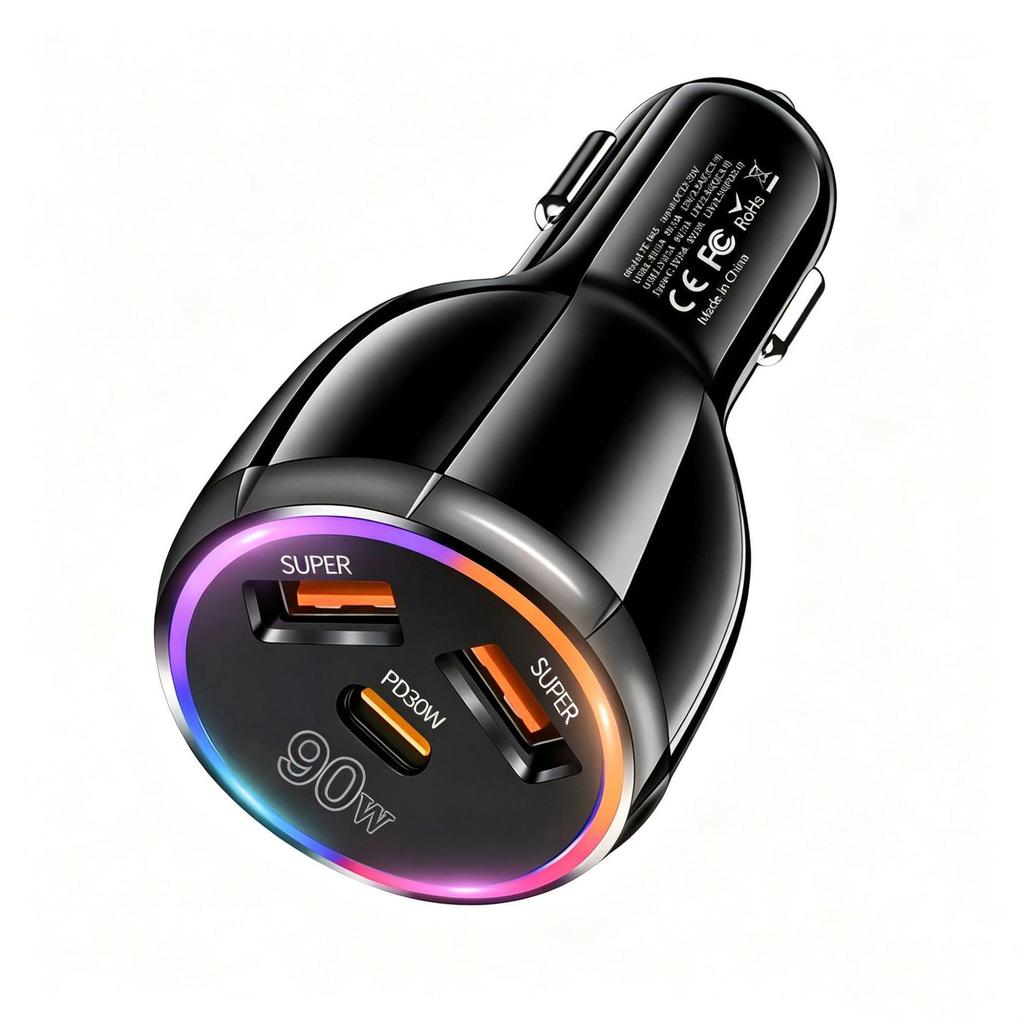 PD90W Multi-Port Car Charger: Type-C + QC, Fast Charging for Apple & Android Phones