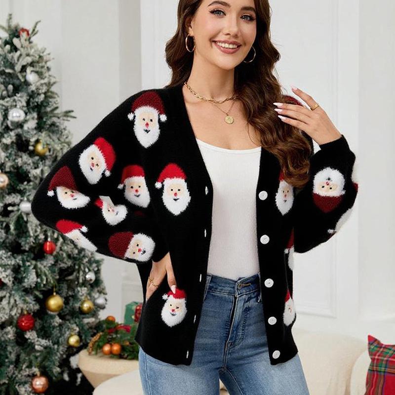 European and American women's clothing casual Santa jacquard sweater cardigan autumn and winter new Christmas sweater