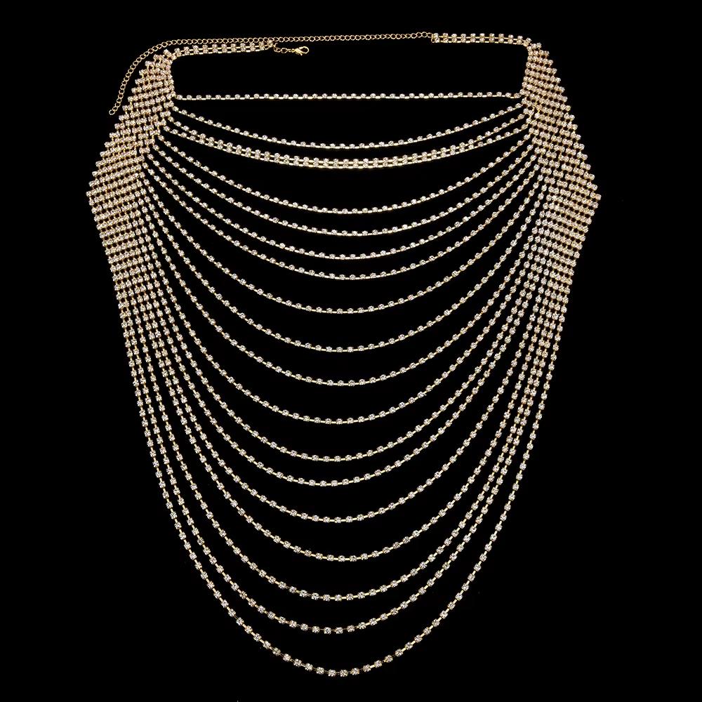Hot Sales Women s Sexy Top Brass Gold Plated Body Jewelry Rhinestone Crystal Multi-layer Chest Chain Underwear Anniversary Gift Sexy
