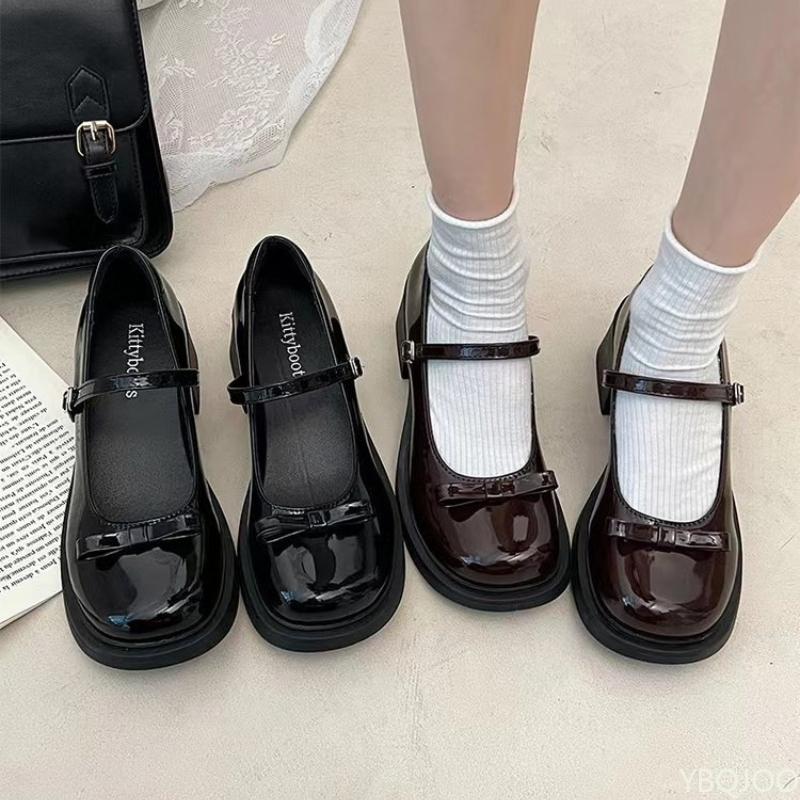 2025 French Mary Jane High Heels New Bow Leather Shoes Round Toe British Style Women's Shoes Comfortable Buckle Pumps