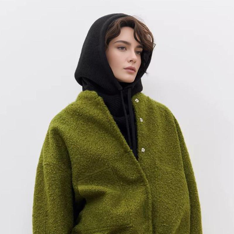 Tek renkli basit örgü atkı şapka, atkı, entegre çift amaçlı büzgülü ip şapka, sonbahar ve kış aylarında erkek ve kadınlar için sıcak