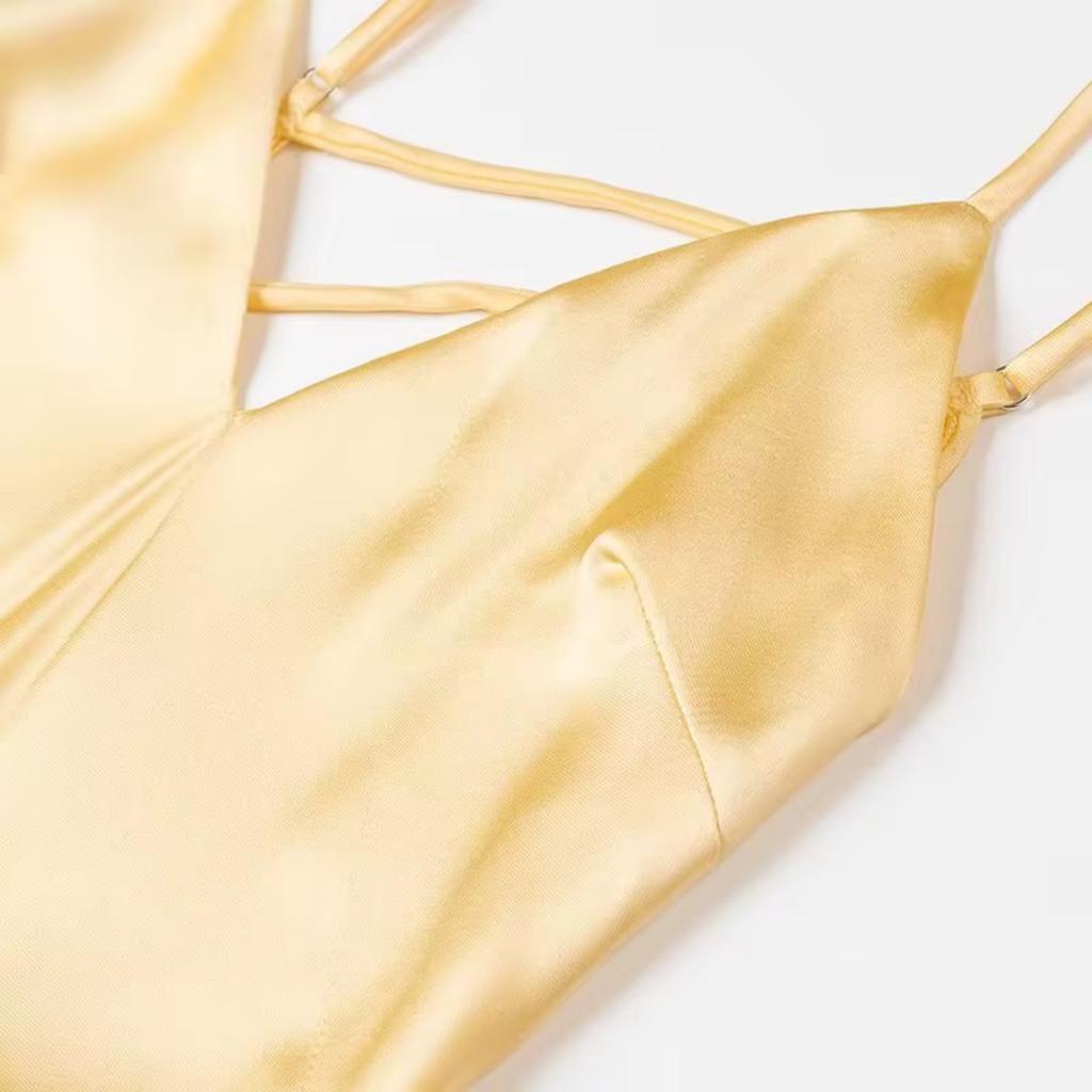 Women Summer Yellow Stain V Neck Sling Dress Elegant Sleeveless Loose Maxi Robes 2025 New Ladies Party Holiday Dresses