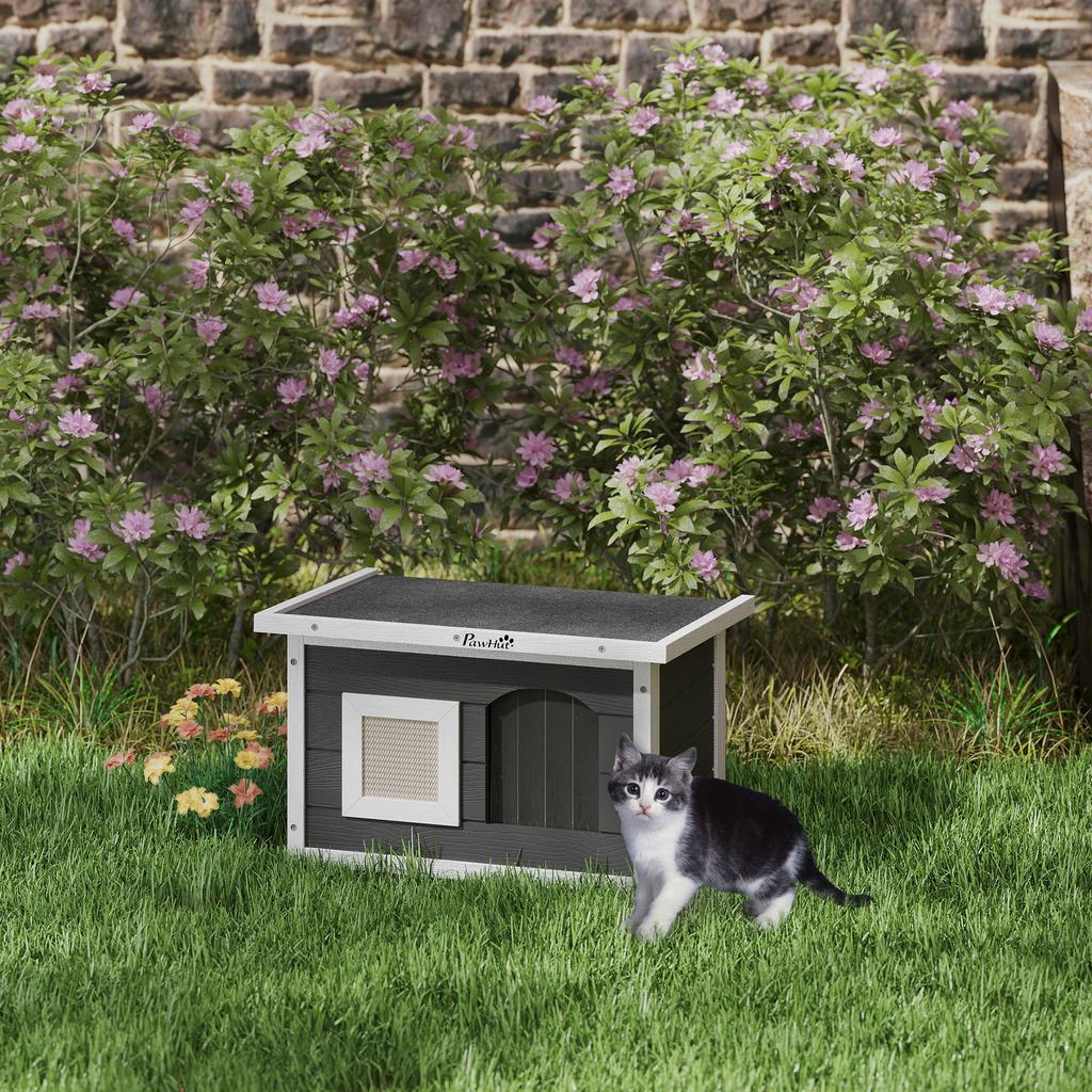 Cat House, Retreat for Cats and Rabbits, Wooden House with Scratching Mat, Door Flap, 61 x 45 x 36.5 cm, Grey
