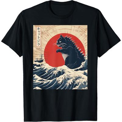 Lustige Katze Kaiju Japanischer Sonnenuntergang Vintage Catzilla Große Welle T-Shirt