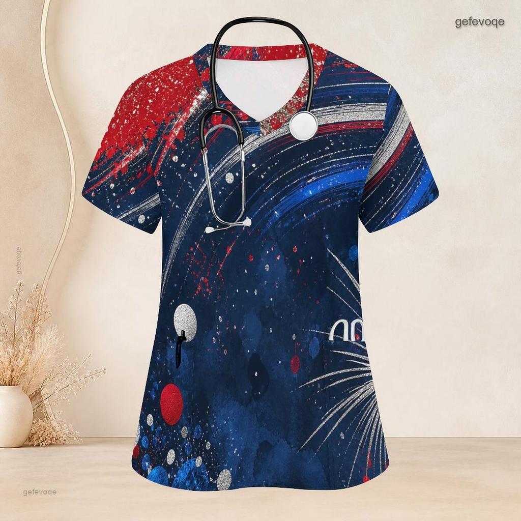 Women Plus Size Navy Red Printed Scrub Top V Neck Short Sleeve With Front Pockets