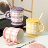 Artistic Ceramic Mug Set: Heat-Resistant Tall Cup with Lid & Spoon, Elegant Design for Girls