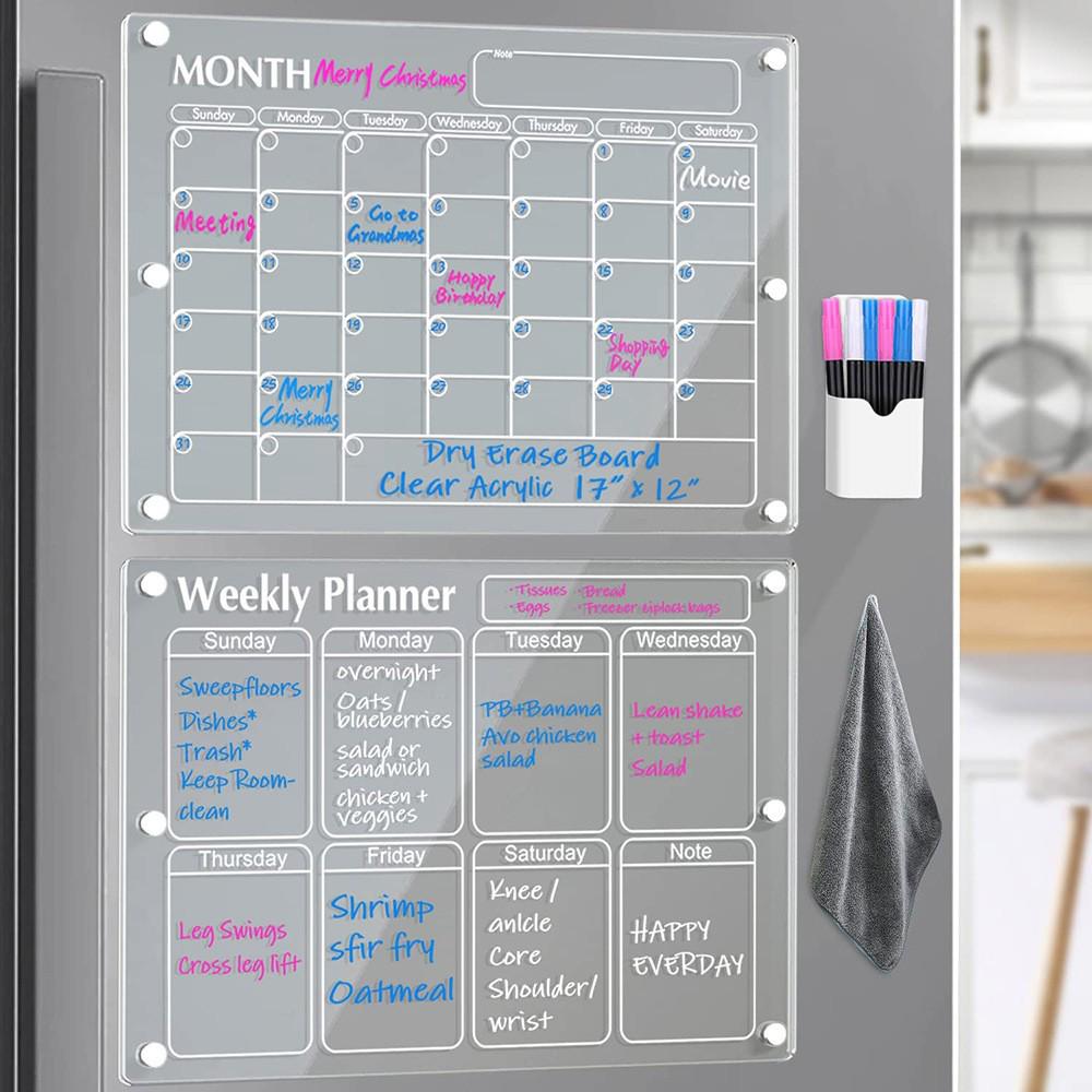 Magnetic Clear Fridge Dry Erase Calendar and Weekly Meal Planner Board