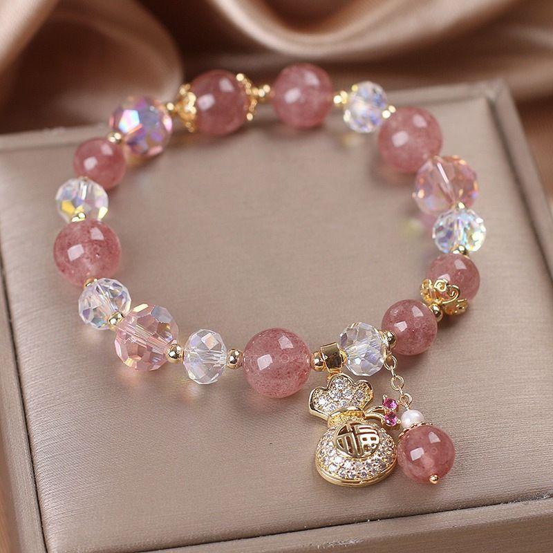 Sweet Pink Crystal Beads Bracelet for Women Friendship Jewelry Birthday Gift