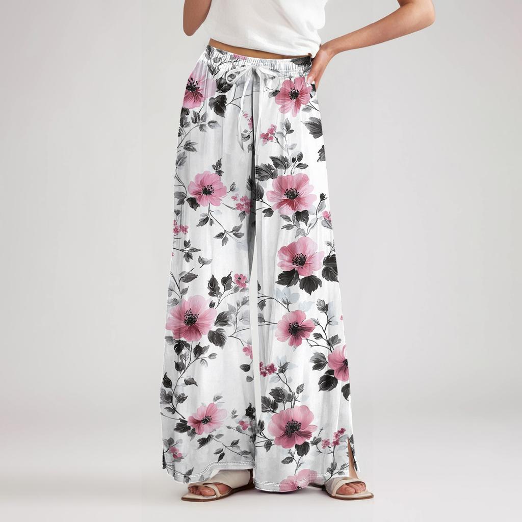 Wide Leg High Waist Floral Print Pants for Women with Drawstring Waistband and Relaxed Fit Lightweight Material for Casual Wear