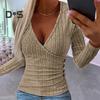 Dámské podzimní jednobarevné topy s hlubokým výstřihem do V, halenka s dlouhým rukávem, elegantní slim fit, knoflíky, dekorace, žebrované svetry