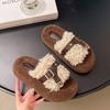 Thick-soled heightening fluffy slippers outer wear 2025 autumn and winter new belt metal buckle women's shoes home plush one-word drag