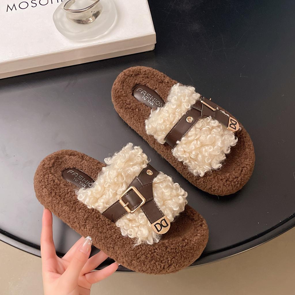 Thick-soled heightening fluffy slippers outer wear 2025 autumn and winter new belt metal buckle women's shoes home plush one-word drag