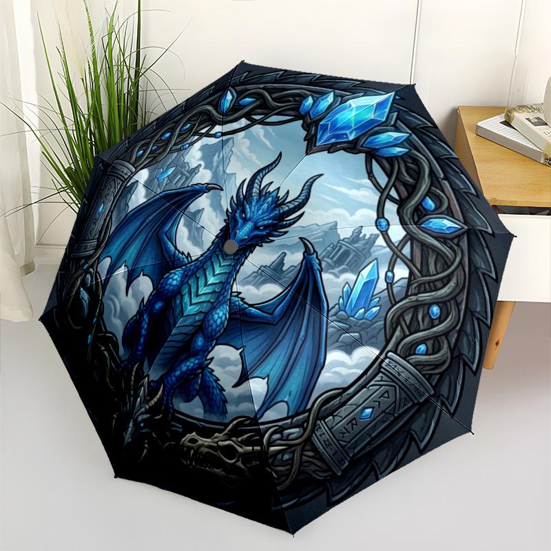 Blue Dragon Fantasy Art pattern umbrella, portable and foldable design, 8 ribs, a casual accessory for Halloween, Christmas, and birthday gifts.