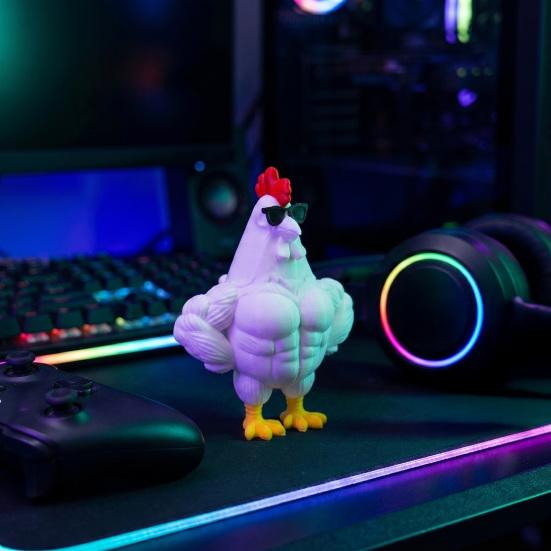 3D Printed Muscle Chicken Figurine Funny Cool Rooster Statue with Sunglasses Collectible Muscular Cock Desktop Ornament for Home Office Executive Desk