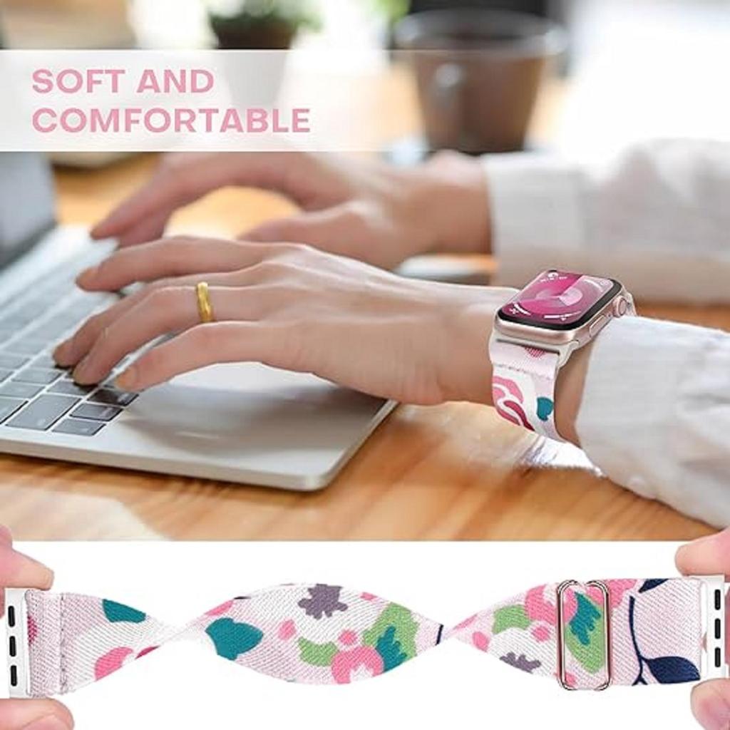 Cute Flower Pattern Stretchy Band Compatible with Apple Watch Bands 38mm 40mm 41mm 42mm 44mm 45mm 49mm Women Nylon Elastic Rep 3