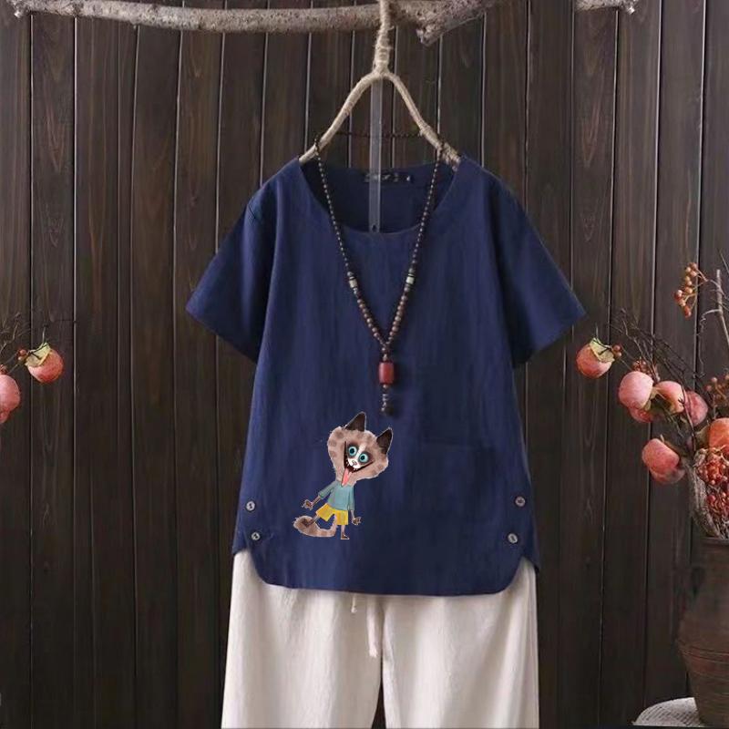 

Женская мода с рисунком лисы, летняя повседневная свободная футболка с коротким рукавом, летняя блузка, топы 4XL темно-синий