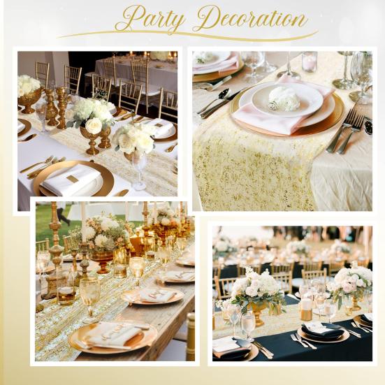 Wedding Party Table Runner Glittering Golden Sequin See-through Tulle Bohemian Style Pleated Stain-Proof Reusable Table Protection Decoration Prom