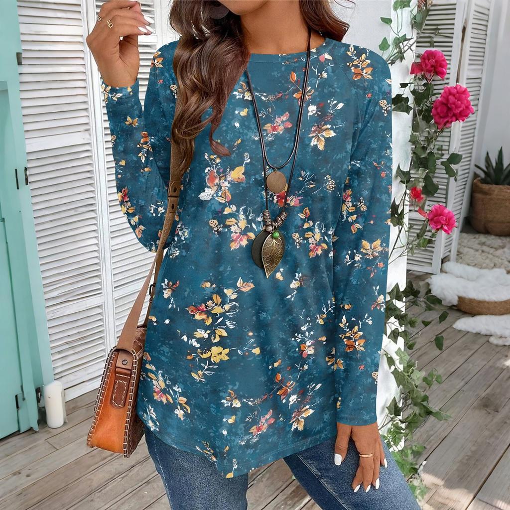 Dámské ležérní nadměrné tričko s dlouhým rukávem, kulatým výstřihem, vintage etnickým potiskem, top, pulovr