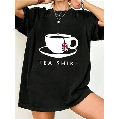 Camiseta Negra Oversize Vintage con Estampado de Taza de Té Británica y Bolsita de Té Union Jack – "TEA SHIRT" Divertida Camiseta Gráfica