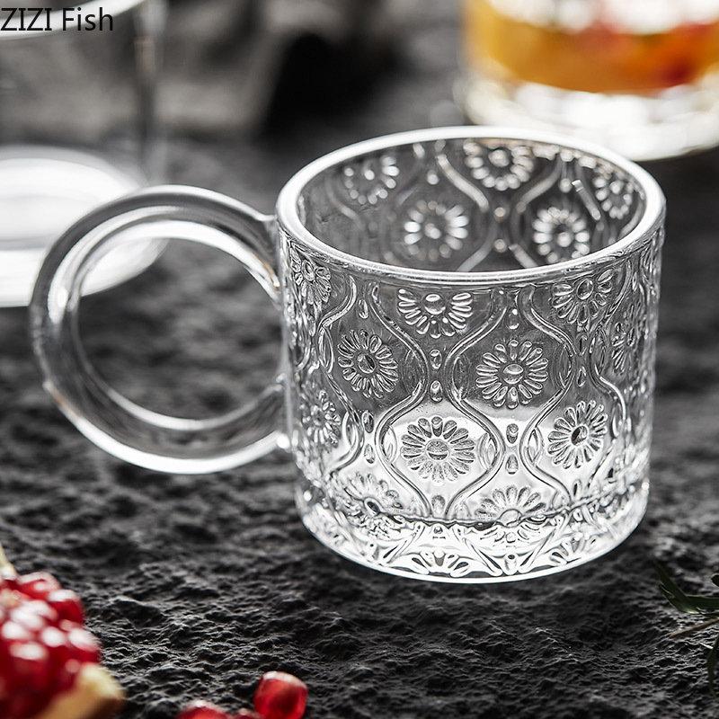 BR250ml Creative Relief Glass Water Cup Transparent Mug Office Afternoon Tea Coffee Cup Household Beverage Milk Drinking SetEY