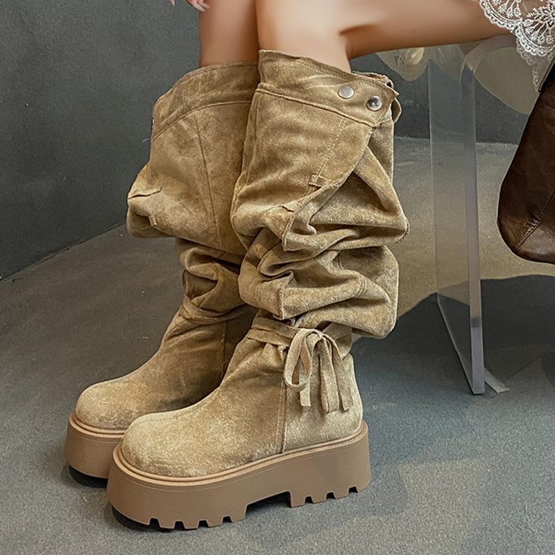 

Long Women Boots Flats Platform Designer Suede Shoes for Woman Winter High Boots Fashion Trend Goth Motorcycle Boots Femme 35