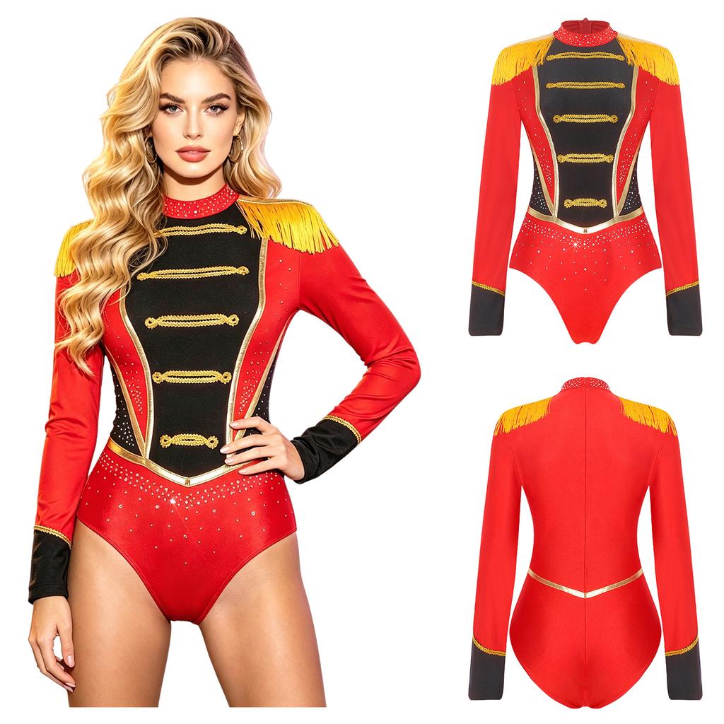 Women Long Sleeve Tassel and Rhinestone Decoration Bodysuit Braided Trim Back Zipper Jumpsuit for Circus Performance Cosplay Themed Party