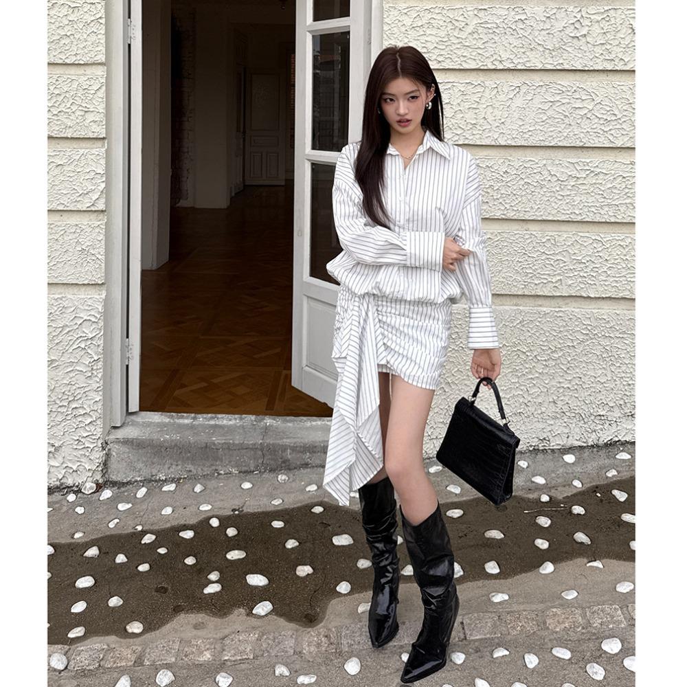 2026 Spring/Summer Women's Striped Shirt Dress - Casual Fashionable Bodycon Skirt Design