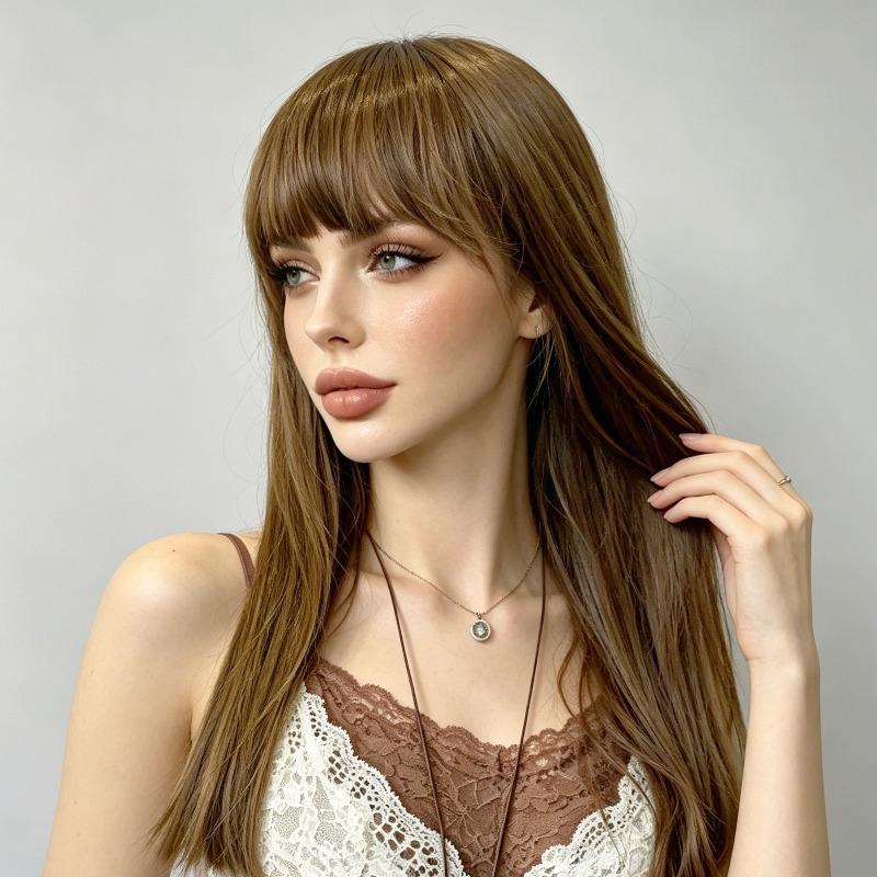 Wig woman one-size-fits-all medium and long straight hair simulation scalp high temperature silk whole head cover e-commerce
