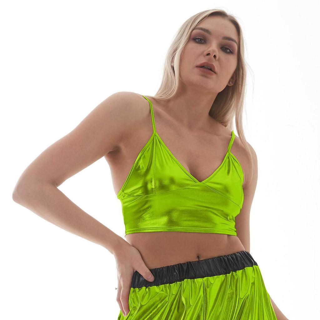 Womens Shiny Metallic Bustier Tanks Top Spaghetti Strap Camisole Vest Bra  for Party Club