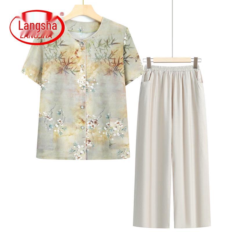 LangSha Elderly Women's Summer Floral Short Sleeve Set