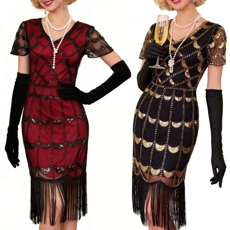 Flapper Dresses 1920s V Neck Sequins Fringed Dress Great Gatsby Dress for Womens Cocktail Dresses