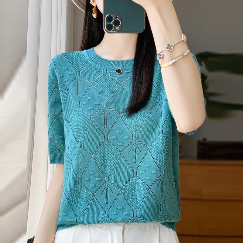 Women Knit T-shirt Summer Knitted Shirt Short Sleeve Tees O-neck Pullover Knit Tops Female