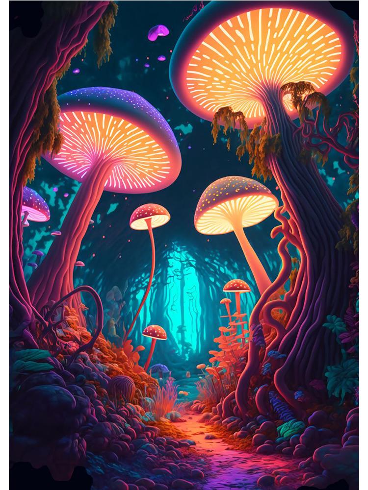 Abstract Psychedelic Mushrooms Enchanted Forest Poster Canvas Painting Colored Wall Art For Living Room Home Decor Cuadros