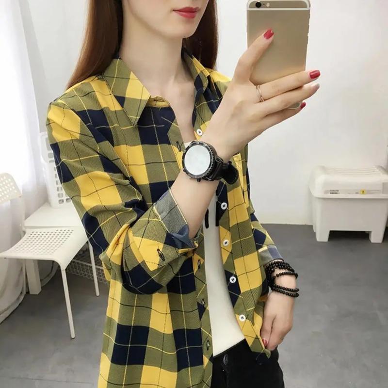 Women Shirt Long Sleeve All Match Single-breasted Casual Soft Dressing Up Polyester Plaid Print Women Shirt Top Female Clothing