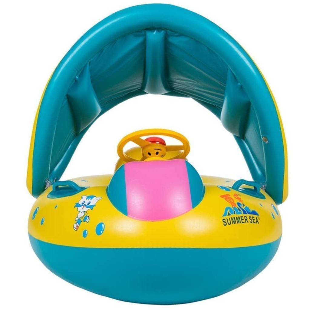 HappyHome Baby Float with Foot Pocket, Handle, Sun Protection, and Cover for Water Play and Pool Play