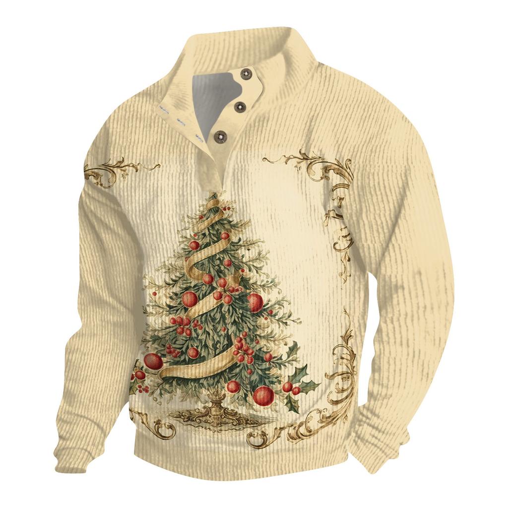 Men's Christmas Cotton Pullover Long Sleeve Outdoor Shirt Vintage Corduroy Button Stand Collar Shirt Casual Sweatshirt Christmas Print Top