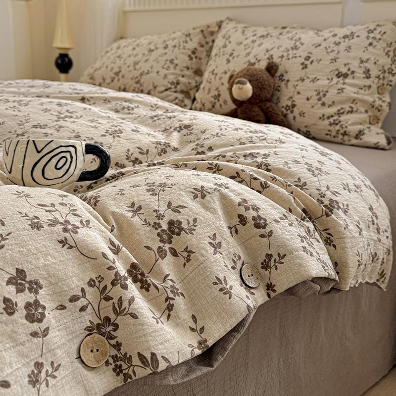 Pure Cotton Vintage Floral 4 Piece Bedding Set Button Style All Cotton Bed Sheet Fitted Sheet Cover A Class Bed Linens