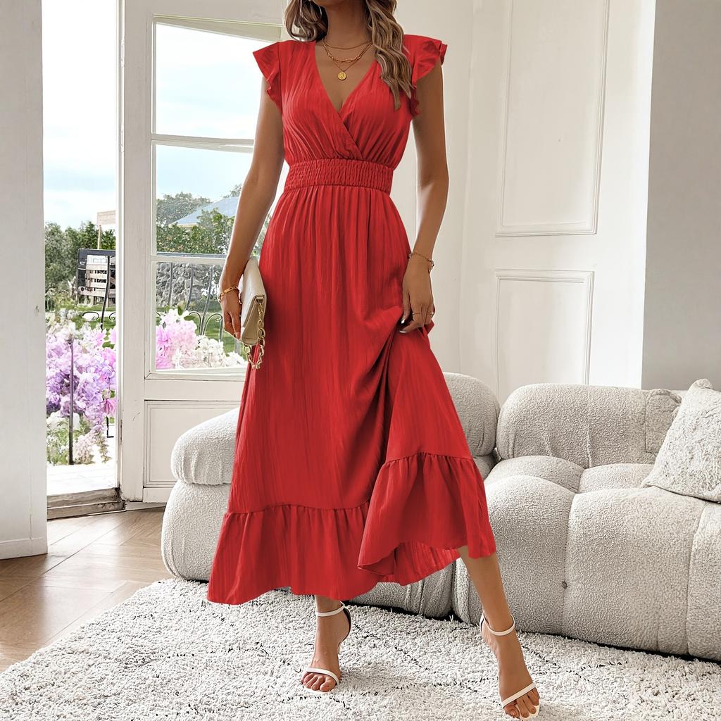 Women's Casual Fashion High-waisted V-neck A-line Dress With Ruffle Sleeves Ruffle Sleeves