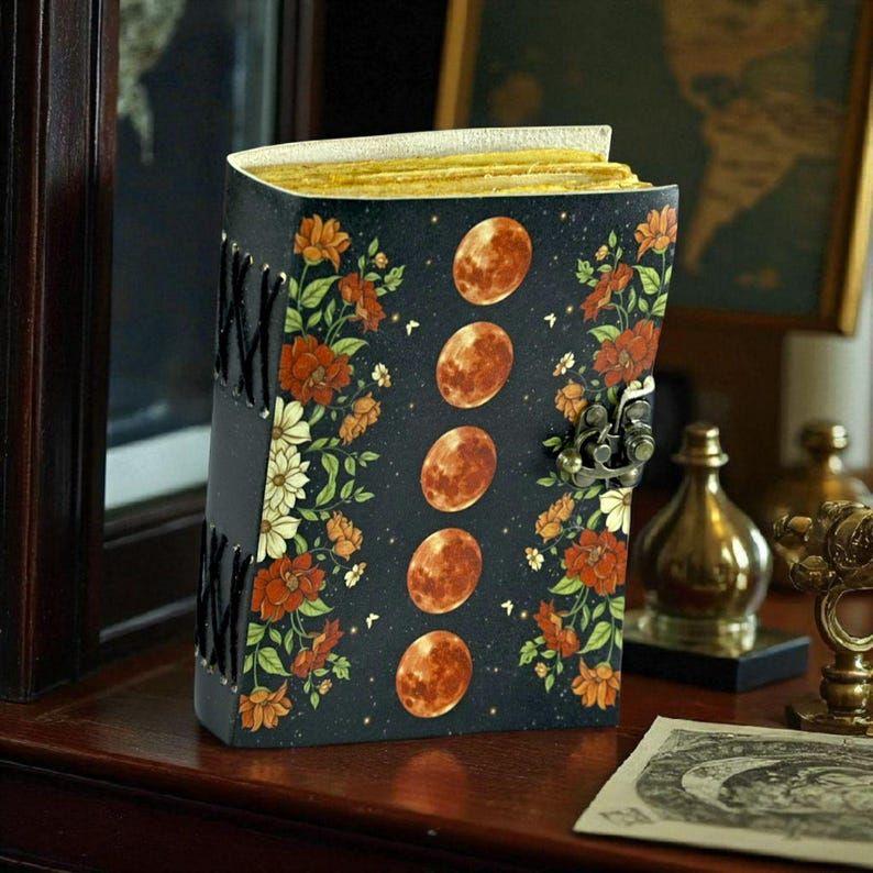 Large Leather Grimoire Journal: Moon Print Spell Book, Blank Book of Shadows