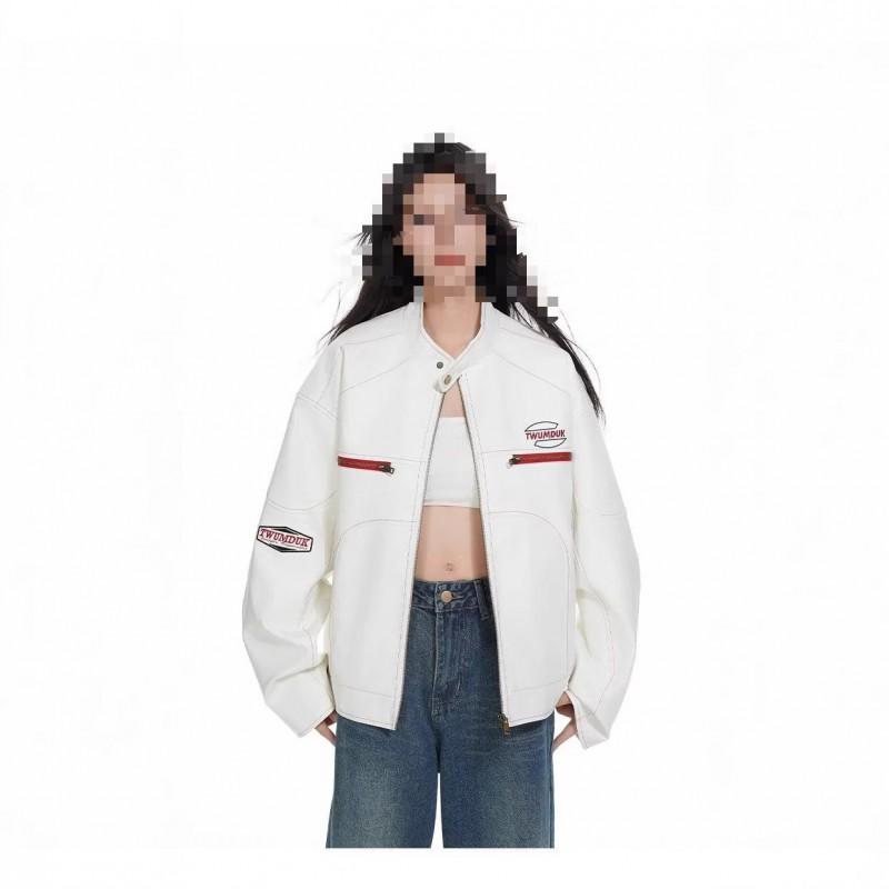 Mens White Cropped Leather Jacket Slim Fit Stand Collar Casual Streetwear Bomber Fall