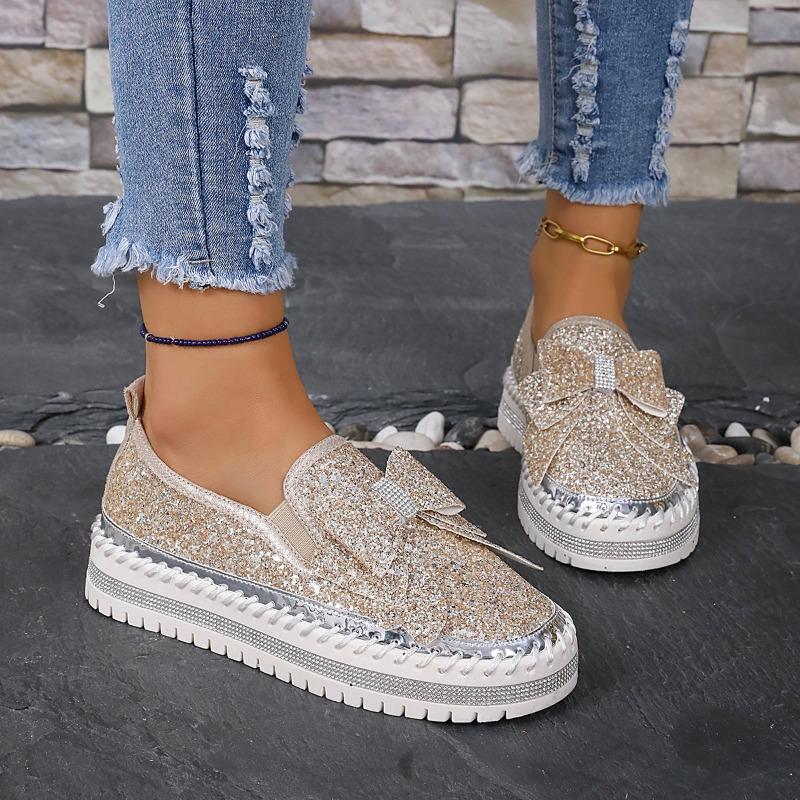 Large size muffin platform single shoes women's new flat bottom round head bow sequins one pedal lazy shoes