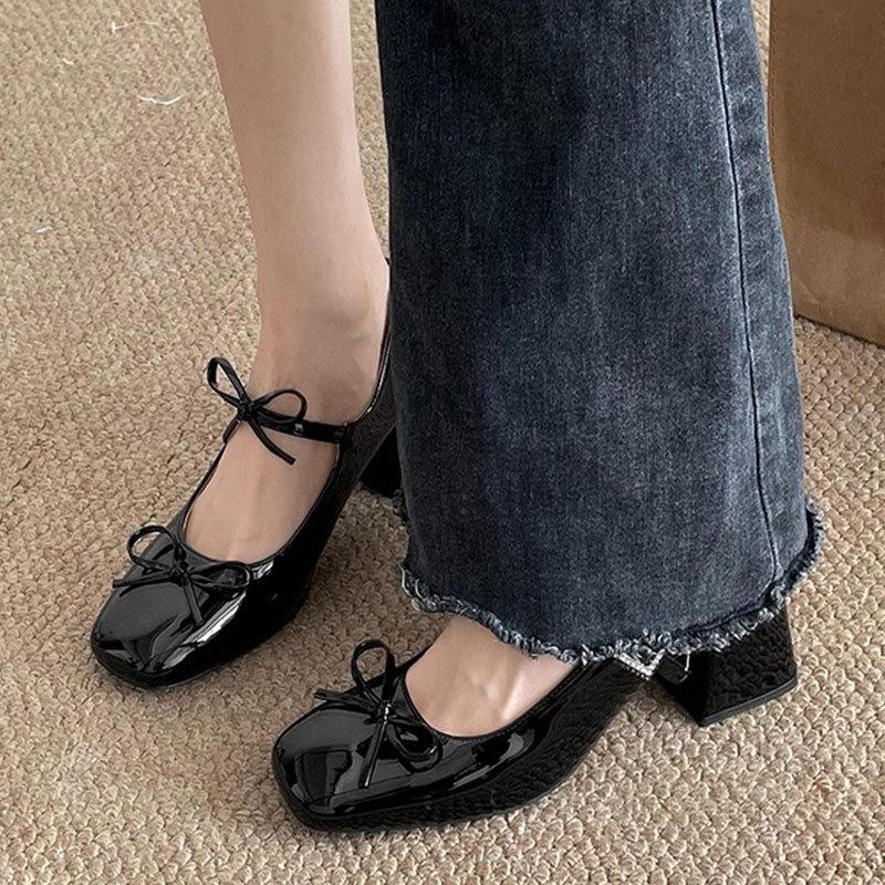 Schleife ein Wort Riemchen High Heels Frühling neu Mary Jane Schuhe Ballerinas eckige Spitze dicker Absatz flacher Ausschnitt Einzelne Schuhe