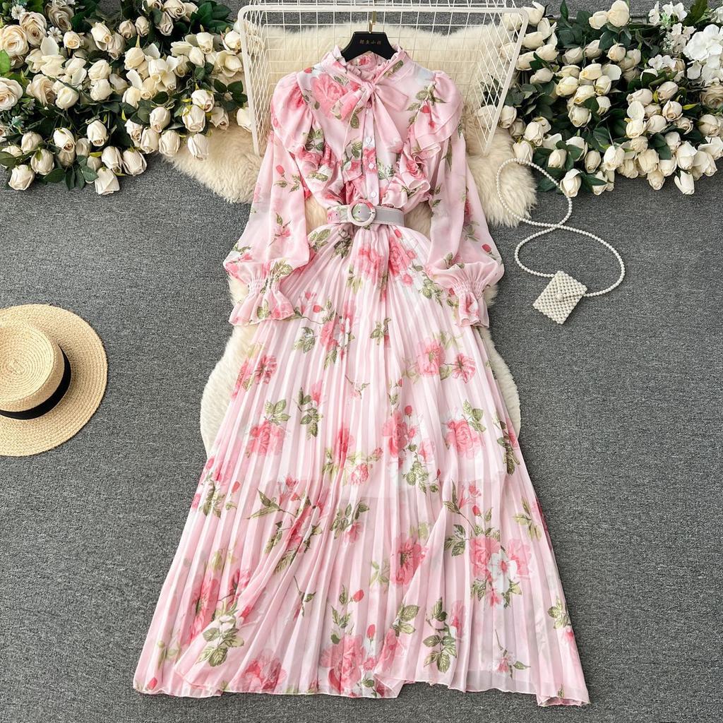 Women Fashion Vintage Elegant Stand Neck High Waist Slim A-line Print Ruffle Edge Chiffon Dress Spring Party Vacation Pleat robe
