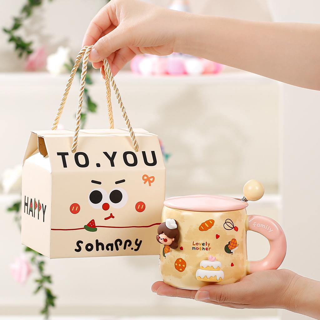 A Family of Four Cups Magnetic DIY Ceramic Mug Women's Breakfast Cup with Lid Large Capacity Gift Box