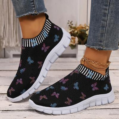 Fashion Women's Knitting Casual Sneakers Fashion Butterfly Print Soft Sole Running Shoes Woman Lightweight Breathable Flat Trainers 2024